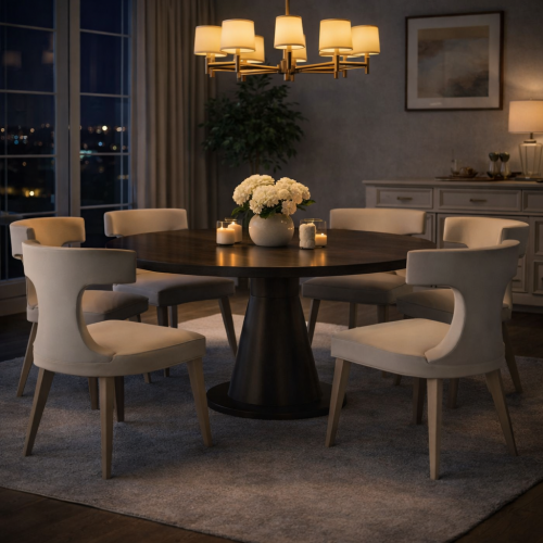 Luxus weißer gepolsterter Esszimmerstuhl mit geformter Rückenlehne und T-Shape-Silhouette von Luxury Group International