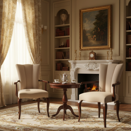 Luxury Wingback Upholstered Dining Armchair in Champagne Beige with Dark Walnut Cabriole Frame by Luxury Group International