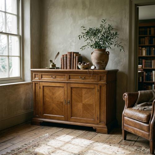 Luxury Wooden Baroque Sideboard with Geometric Veneer Doors and Double Drawer Storage - Baroque Furniture Lifestyle View by Luxury Group International