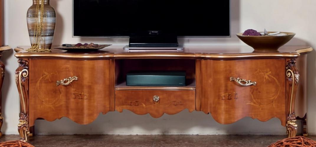 Luxury Wooden Baroque TV Console with Open Media Shelf Center Drawer & Inlaid Storage Panels – 185 CM Front View by Luxury Group International
