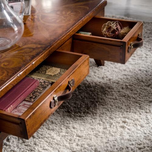 Table basse en bois de luxe avec surface en marqueterie décorative et rangement multi-tiroirs Vue détaillée par Luxury Group International
