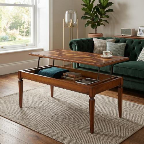 Table basse en bois de luxe avec incrustation décorative en parquet et rangement dissimulé Vue lifestyle par Luxury Group International