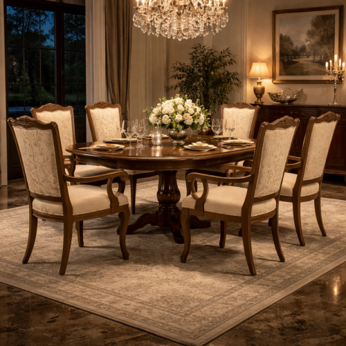 Luxury Wooden Dining Armchair with Cream Upholstered Seat & Decorative Back Panel - Dining Room Furniture Lifestyle View by Luxury Group International