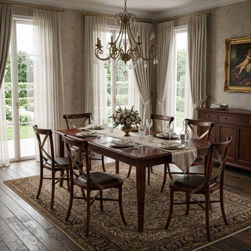 Luxury Wooden Dining Chair with Brass Cross Back & Leather Upholstered Seat - Dining Room Furniture Lifestyle View by Luxury Group International