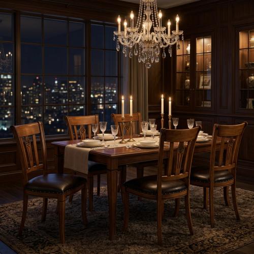 Luxury Wooden Dining Chair with Hand-Carved Backrest & Leather Upholstered Seat - Dining Room Furniture Lifestyle View by Luxury Group International