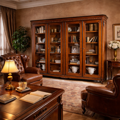 Luxury Wooden Multi-Door Glass Display Cabinet with Ornamental Crown Trim in Walnut Finish Lifestyle View by Luxury Group International