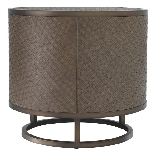 Luxury Woven Oak Veneer Drum-Shaped Side Table with Bronze Frame by Luxury Group International