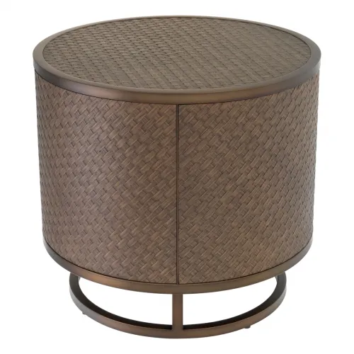Luxury Woven Oak Veneer Drum-Shaped Side Table with Bronze Frame by Luxury Group International