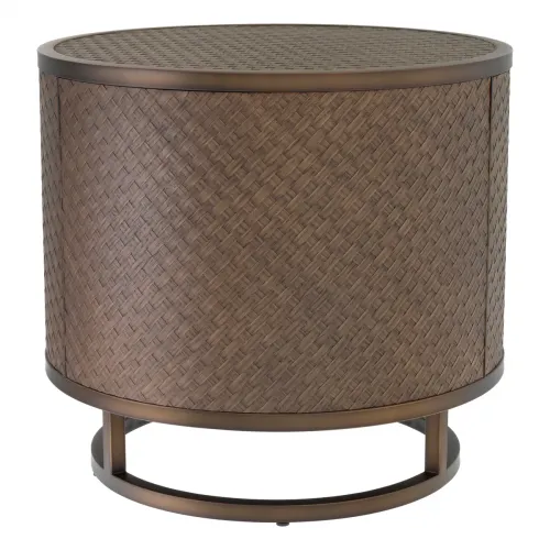 Luxury Woven Oak Veneer Drum-Shaped Side Table with Bronze Frame by Luxury Group International