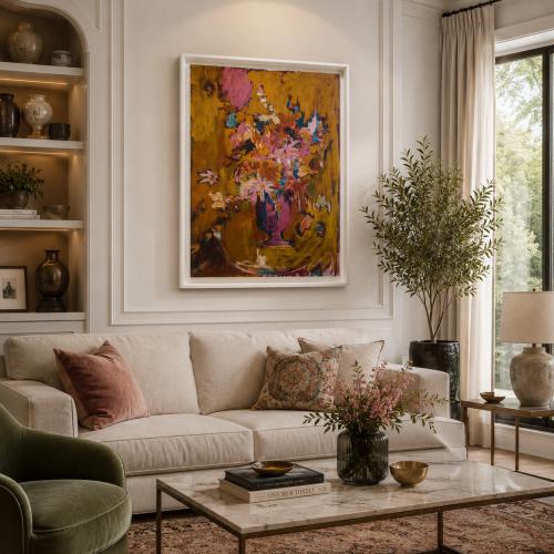 Luxuriöse gelbe abstrakte Blumen-Wandkunst mit lebendigem pinkfarbenem botanischem Vasen-Design von Luxury Group International