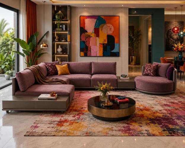 Luxus modernes modular aufgebautes Sofa aus mauvefarbenem Stoff mit integriertem dunkelbraunem Couchtisch von Luxury Group International