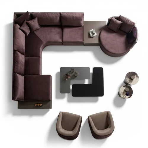 Luxus modernes modular aufgebautes Sofa aus mauvefarbenem Stoff mit integriertem dunkelbraunem Couchtisch von Luxury Group International