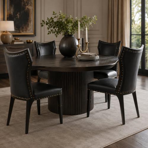Midnight Black Luxury Dining Chair with Brass Studded Leather Upholstery - Dining Room Furniture Lifestyle View by Luxury Group International