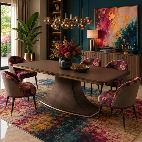 Tavolo da Pranzo Rettangolare Moderno Mid-century in Marrone Mocha con Base a Bordo in Metallo di Luxury Group International