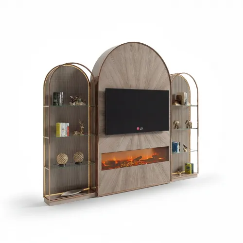 Unidad de TV de diseño de lujo moderna con marco de cobre beige, estantes de vidrio y chimenea por Luxury Group International