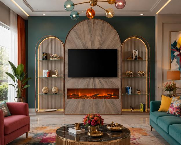 Unidad de TV de diseño de lujo moderna con marco de cobre beige, estantes de vidrio y chimenea por Luxury Group International