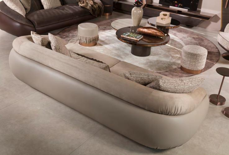 Modern Beige Matte Fabric Luxury Leather Sofa with Rounded Barrel Arms and Curved Back by Luxury Group International