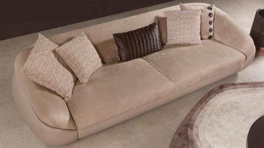 Modern Beige Matte Fabric Luxury Leather Sofa with Rounded Barrel Arms and Curved Back by Luxury Group International
