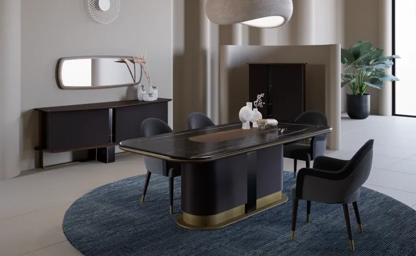 Modern Black Grey Upholstered Luxury Dining Chair with Antique Brass Accents Lifestyle View by Luxury Group International