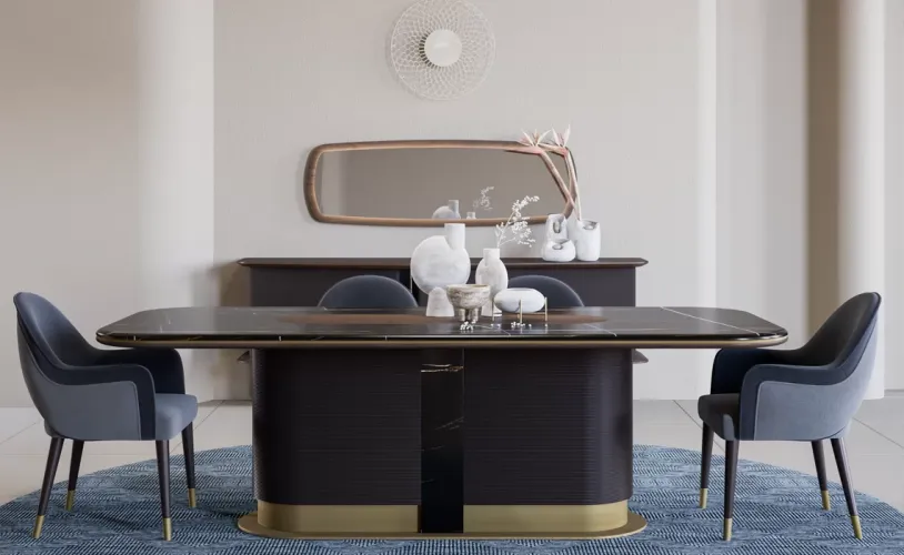Modern Black Grey Upholstered Luxury Dining Chair with Antique Brass Accents by Luxury Group International