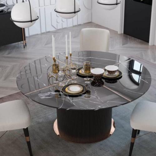 Modern Black Marble Top Round Luxury Dining Table with Fluted Vertical Line & Brass Base Lifestyle View by Luxury Group International