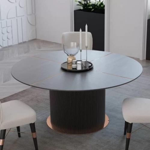 Modern Black Marble Top Round Luxury Dining Table with Fluted Vertical Line & Brass Base by Luxury Group International