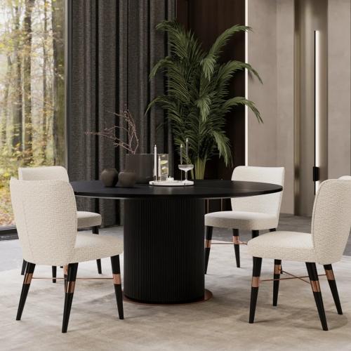 Modern Black Marble Top Round Luxury Dining Table with Fluted Vertical Line & Brass Base by Luxury Group International