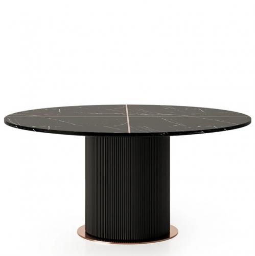 Modern Black Marble Top Round Luxury Dining Table with Fluted Vertical Line & Brass Base by Luxury Group International
