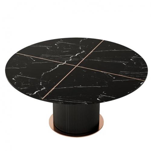 Modern Black Marble Top Round Luxury Dining Table with Fluted Vertical Line & Brass Base by Luxury Group International