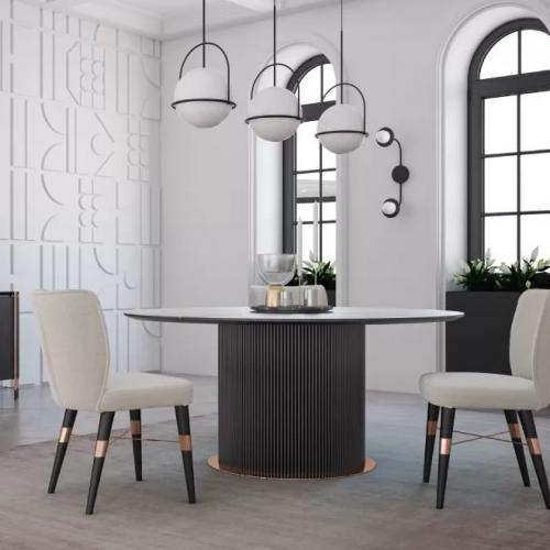 Modern Black Marble Top Round Luxury Dining Table with Fluted Vertical Line & Brass Base by Luxury Group International