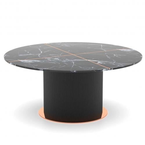 Modern Black Marble Top Round Luxury Dining Table with Fluted Vertical Line & Brass Base Side View by Luxury Group International