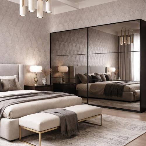 Armario de dormitorio de lujo moderno en madera maciza negra con espejo y almacenamiento por Luxury Group International