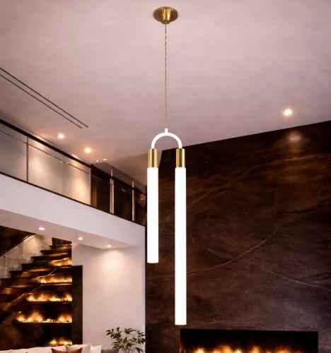 Lampada a Sospensione Moderna a Doppio Tubo in Ottone Dorato di Luxury Group International