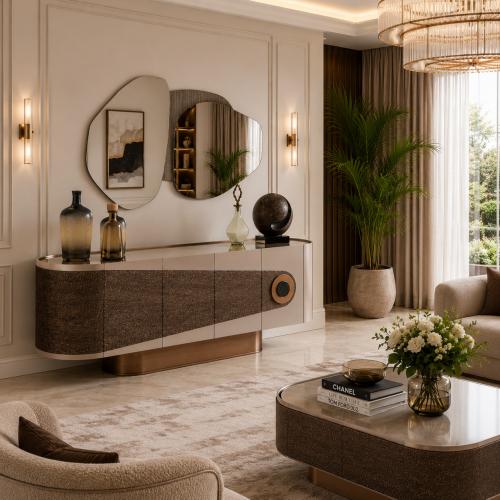 Cream & Brown Luxury Modern wooden Sideboard Cabinet With Wall Mounted Mirror by Luxury Group International