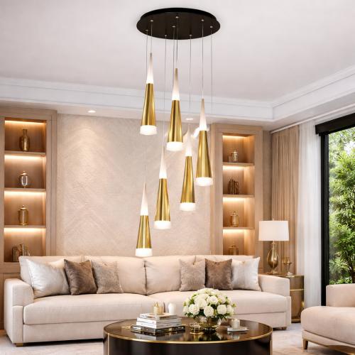 Lámpara Colgante de Techo Moderna con Tubo Largo en Cono y Múltiples Luces LED con Acabado en Oro Satinado por Luxury Group International