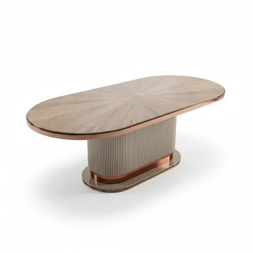 Beige oval oak wood luxury modern dining table with rose gold metallic accents by Luxury Group International