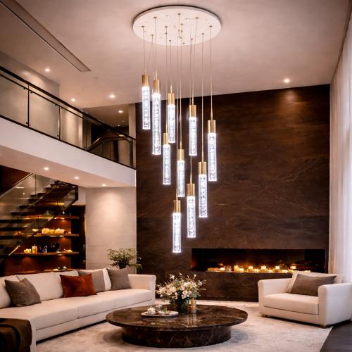 Modern Crystal Multi -Lights Golden Chandelier With LED Raindrop Tube Pendant Lighting by Luxury Group International