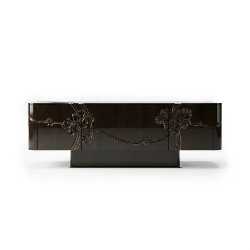 Aparador de Lujo Moderno en Chapado Brillante Marrón Oscuro con Tallado Floral y Almacenamiento por Luxury Group International