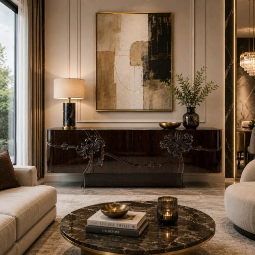 Aparador de Lujo Moderno en Chapado Brillante Marrón Oscuro con Tallado Floral y Almacenamiento por Luxury Group International
