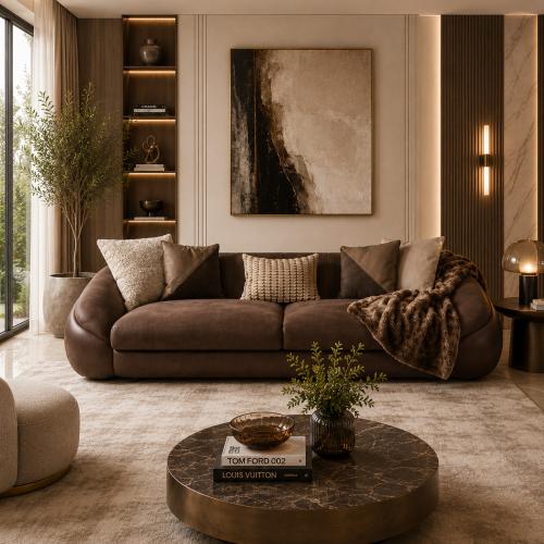 Modern Dark Brown Matte Fabric Luxury Leather Sofa with Rounded Barrel Arms and Curved Back by Luxury Group International