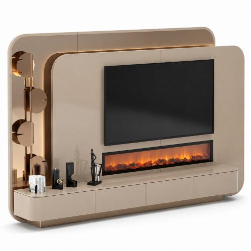 Luxury Modern Beige TV Unit with Integrated Fireplace by Luxury Group International