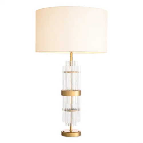 Lampada da Tavolo di Lusso con Paralume Rotondo in Tessuto Crema e Vetro Trasparente Dorato di Luxury Group International