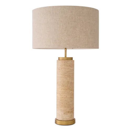 Lampada da Tavolo Moderna di Lusso in Travertino Beige con Paralume beige e Finitura in Ottone Antico di Luxury Group International