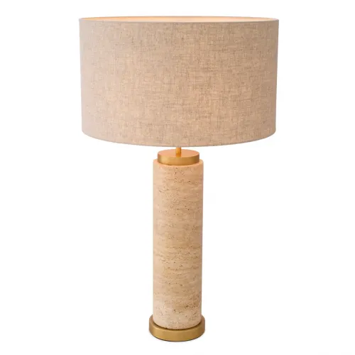 Lampada da Tavolo Moderna di Lusso in Travertino Beige con Paralume beige e Finitura in Ottone Antico di Luxury Group International