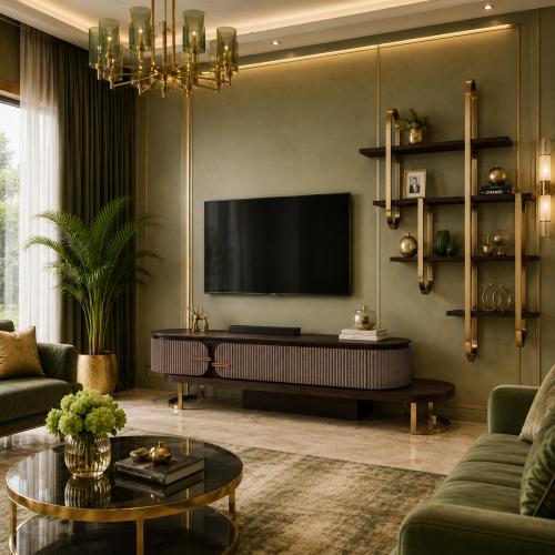 Mueble de TV de Madera de Nogal Oscuro y Beige Topo de Lujo con Almacenamiento por Luxury Group International