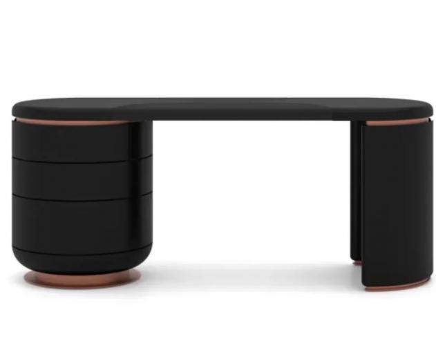 Moderner minimalistischer Luxus-Schreibtisch in mattem Schwarz mit Kupferakzenten und Schubladenaufbewahrung von Luxury Group International