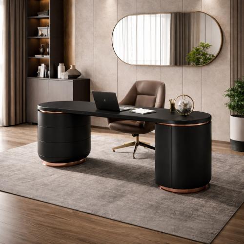 Moderner minimalistischer Luxus-Schreibtisch in mattem Schwarz mit Kupferakzenten und Schubladenaufbewahrung von Luxury Group International