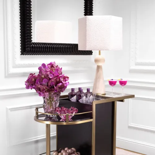 Modern Pearl Luxury Modern Table Lamps in beige travertine with hexagonal lampshade by Luxury Group International