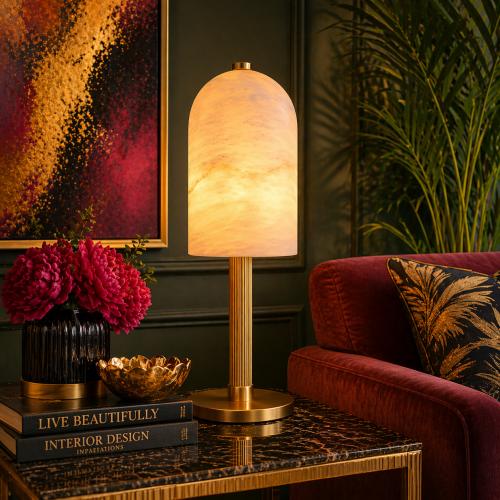 Lampada da Tavolo Moderna in Porcellana con Alabastro Bianco Marmo di Lusso e Asta Dorata di Luxury Group International