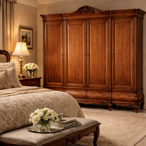 Mehrtüriges Barock Luxus Holzregal mit Intarsienplatten und Geschwungenem Aufbewahrungsfuß - Wohnzimmermöbel Lifestyle-Ansicht von Luxury Group International